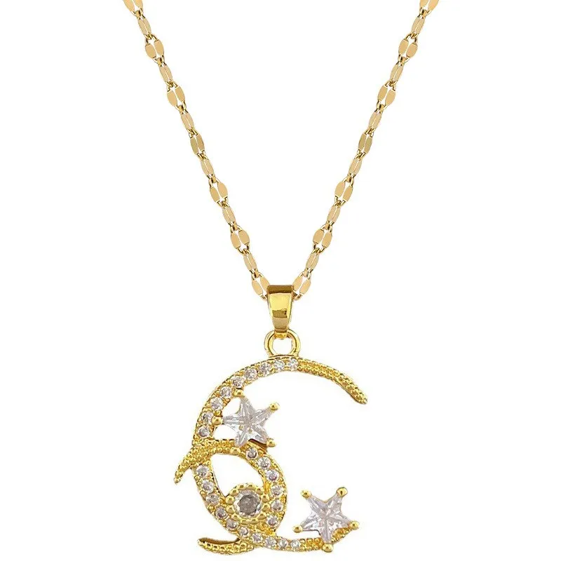 Gold Color Romantic Shine Zircon Moon Star Pendant Necklace For Women