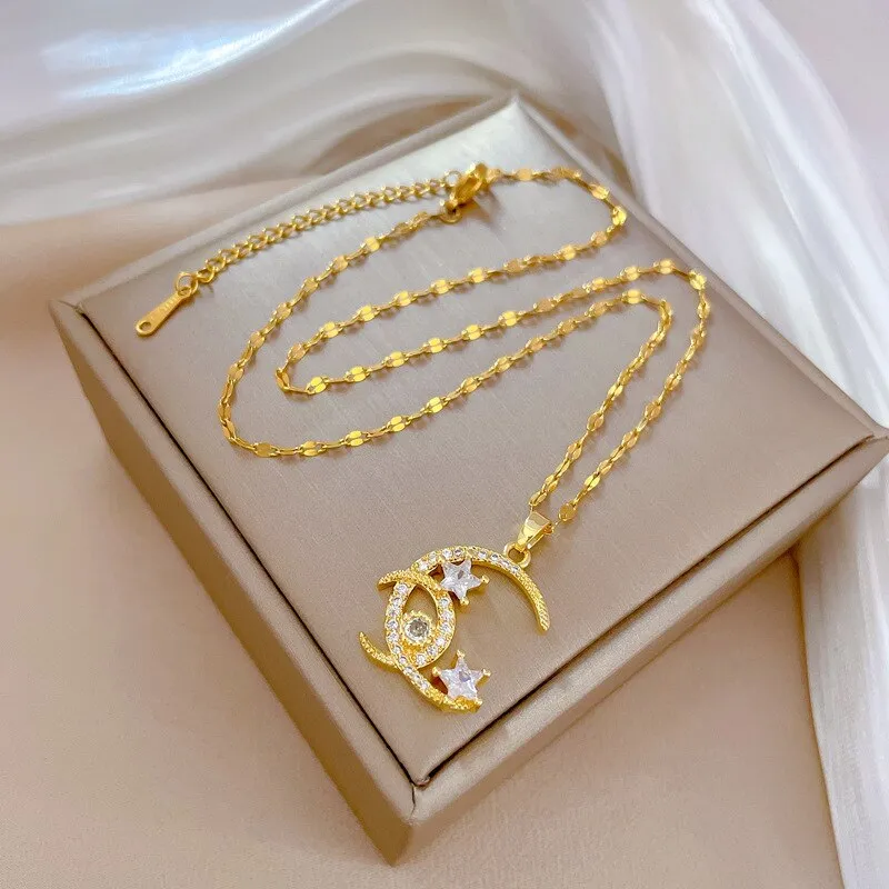 Gold Color Romantic Shine Zircon Moon Star Pendant Necklace For Women