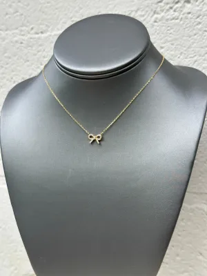 Gold Dipped Cz Stud Ribbon Bow Pendant Necklace