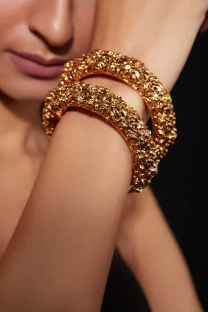 Gold Plated Flower Designed Temple Screw Openable Bangles, Set of 2