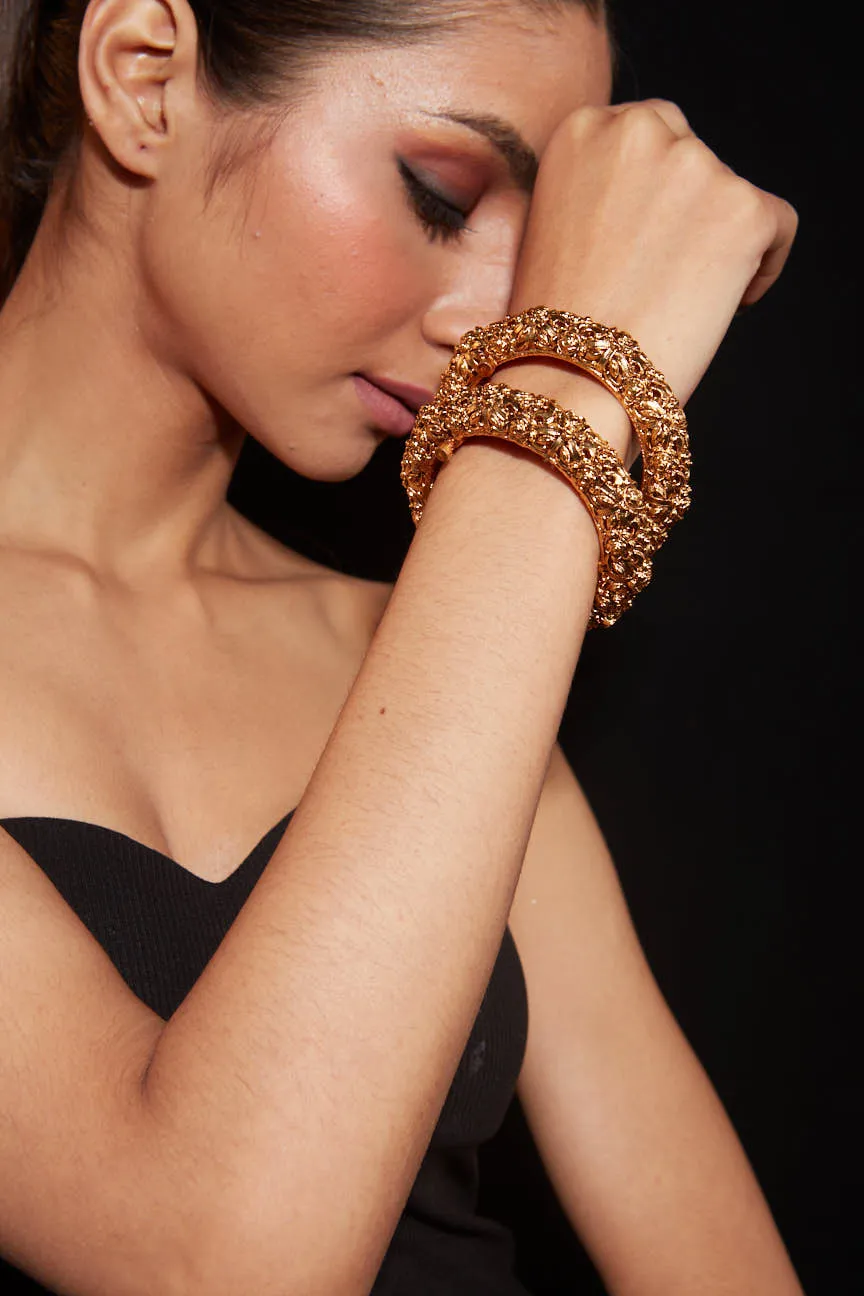 Gold Plated Flower Designed Temple Screw Openable Bangles, Set of 2