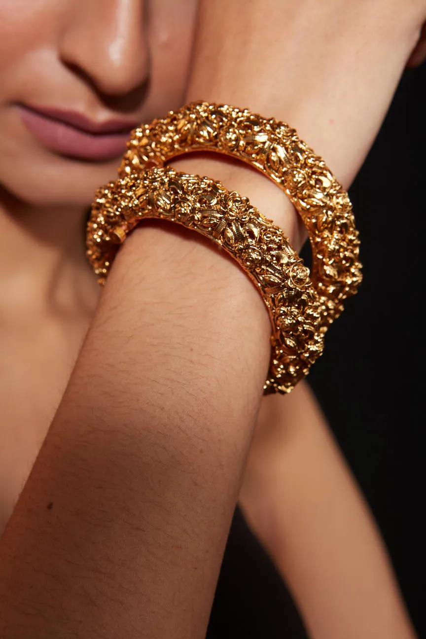 Gold Plated Flower Designed Temple Screw Openable Bangles, Set of 2