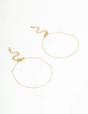 Gold Plated Stainless Steel Station Pearl Anklets 2-Pack