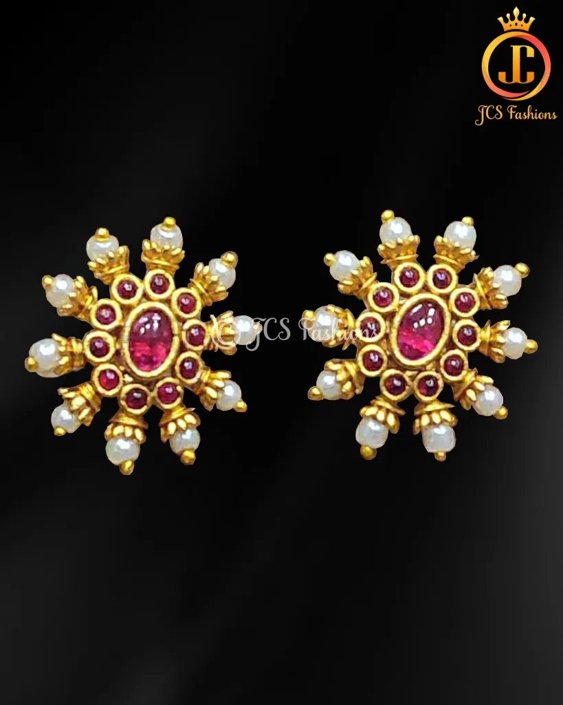 Gold Polish Stone and Pearl Pink Stud Earrings for a Luxurious Touch