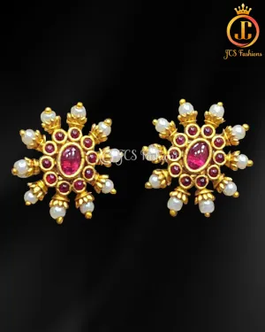 Gold Polish Stone and Pearl Pink Stud Earrings for a Luxurious Touch