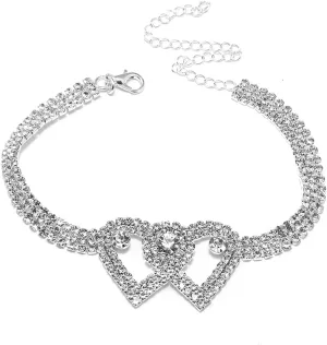 Gold Rhinestone Double Love Heart Anklets for Women,Adjustable Silver Shiny Tennis Heart Anklets,Twinkle Cubic Zircon Anklet Foot Chain Jewelry Gifts