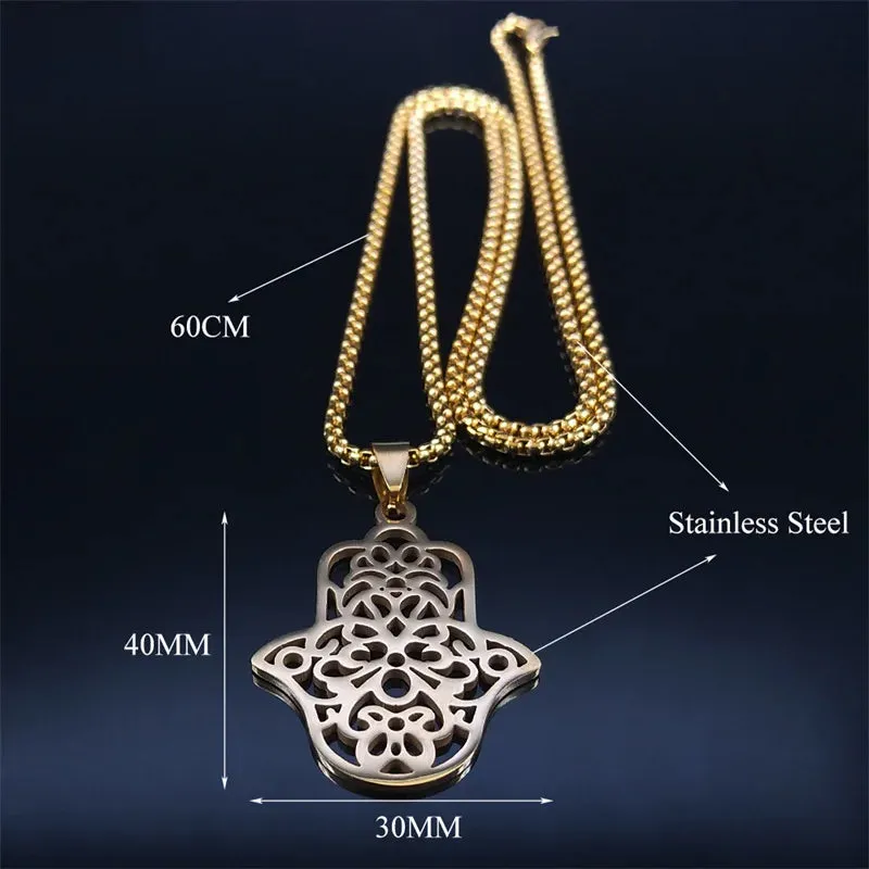 Hand of Fatima Charm Necklace for Women Stainless Steel Gold Color Hamsa Palm Necklaces
