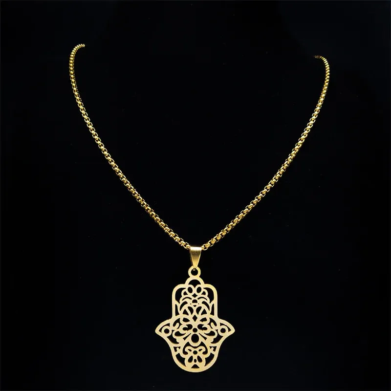 Hand of Fatima Charm Necklace for Women Stainless Steel Gold Color Hamsa Palm Necklaces