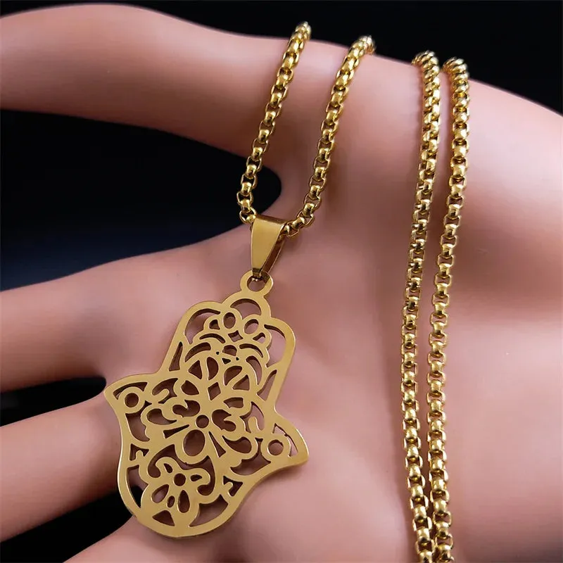 Hand of Fatima Charm Necklace for Women Stainless Steel Gold Color Hamsa Palm Necklaces