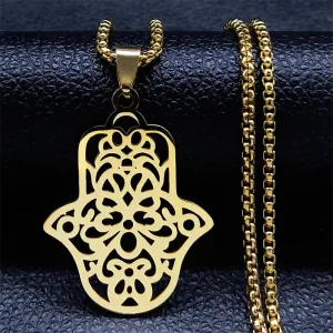 Hand of Fatima Charm Necklace for Women Stainless Steel Gold Color Hamsa Palm Necklaces