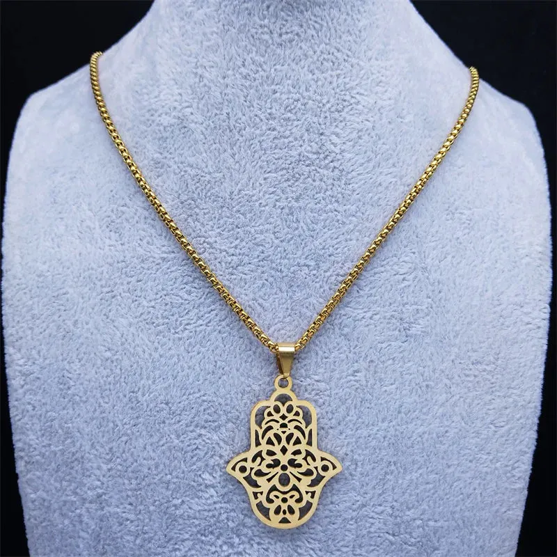 Hand of Fatima Charm Necklace for Women Stainless Steel Gold Color Hamsa Palm Necklaces