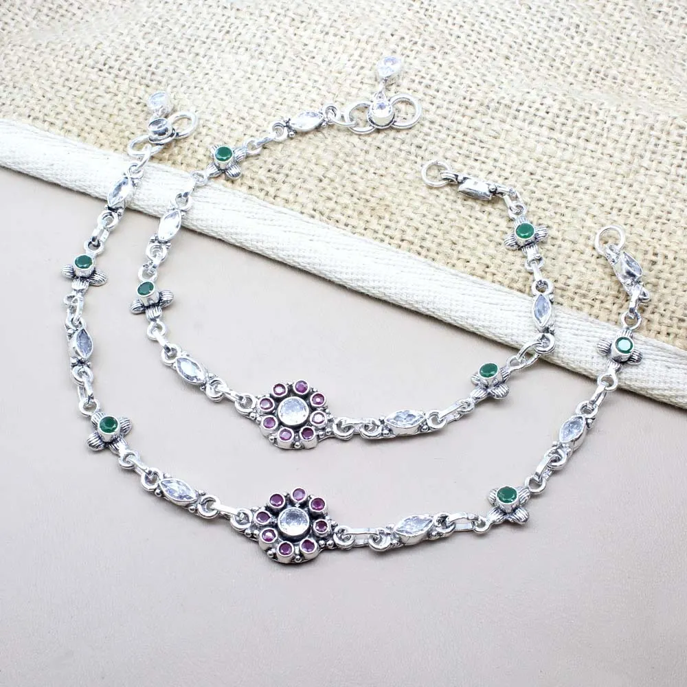 Indian 925 Real Sterling Silver CZ Oxidized Anklets 10.5"