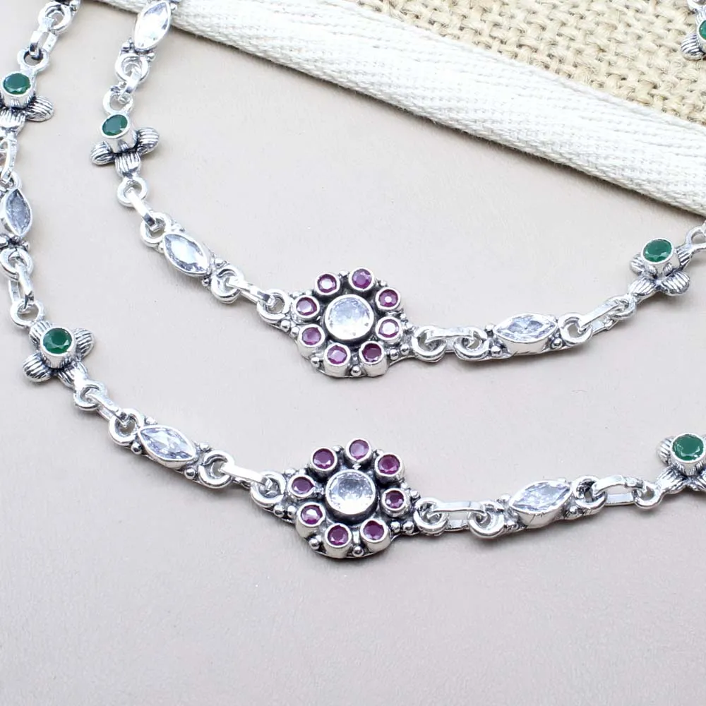Indian 925 Real Sterling Silver CZ Oxidized Anklets 10.5"