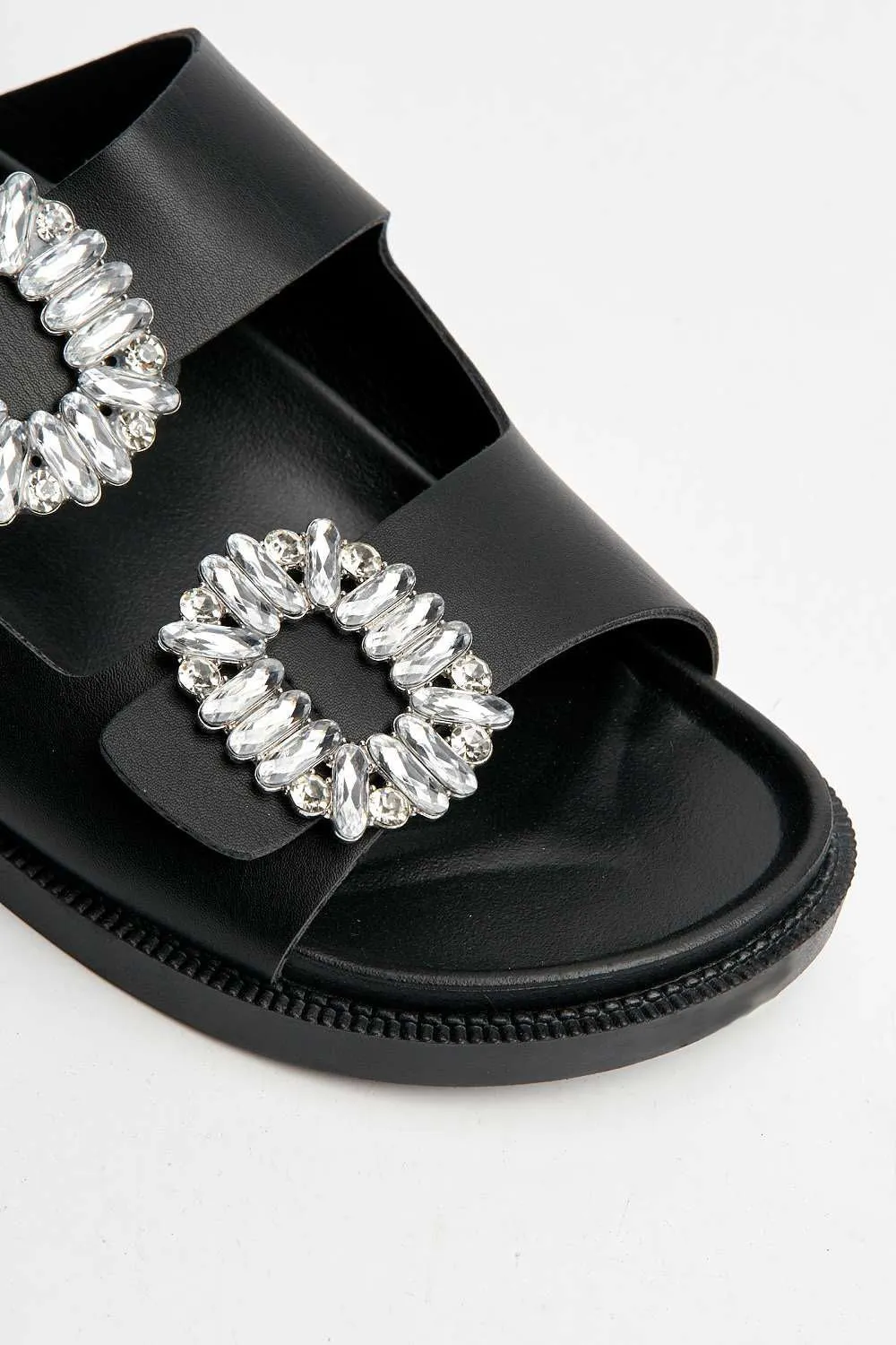 Kora Diamante Brooch Detail Flat Sandals in Black