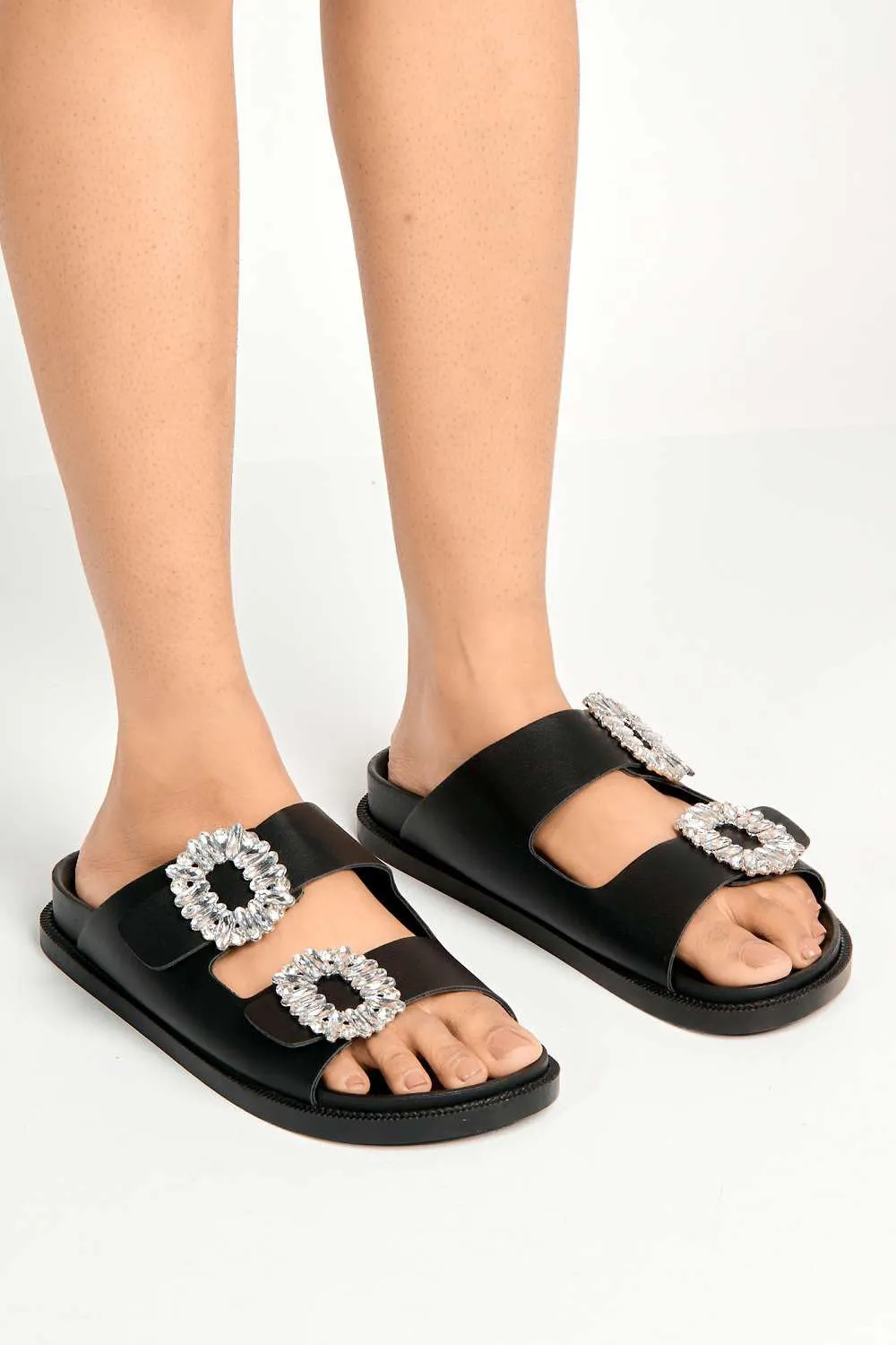 Kora Diamante Brooch Detail Flat Sandals in Black
