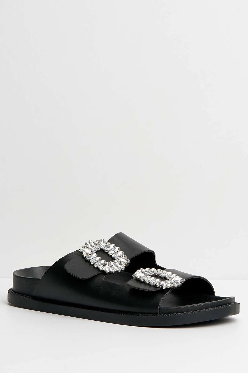 Kora Diamante Brooch Detail Flat Sandals in Black