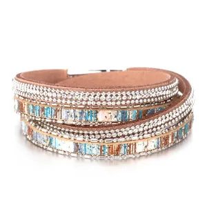 Ladies Vintage Boho Leather Rhinestone Multiple Layered Double Wrap Bracelet