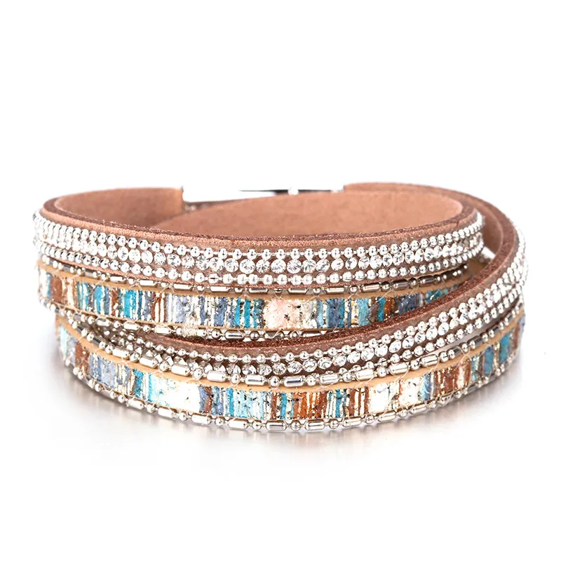 Ladies Vintage Boho Leather Rhinestone Multiple Layered Double Wrap Bracelet