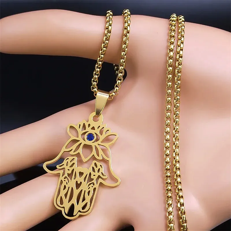 Lotuse Hand Of Fatima Pendant Necklace for Women Men