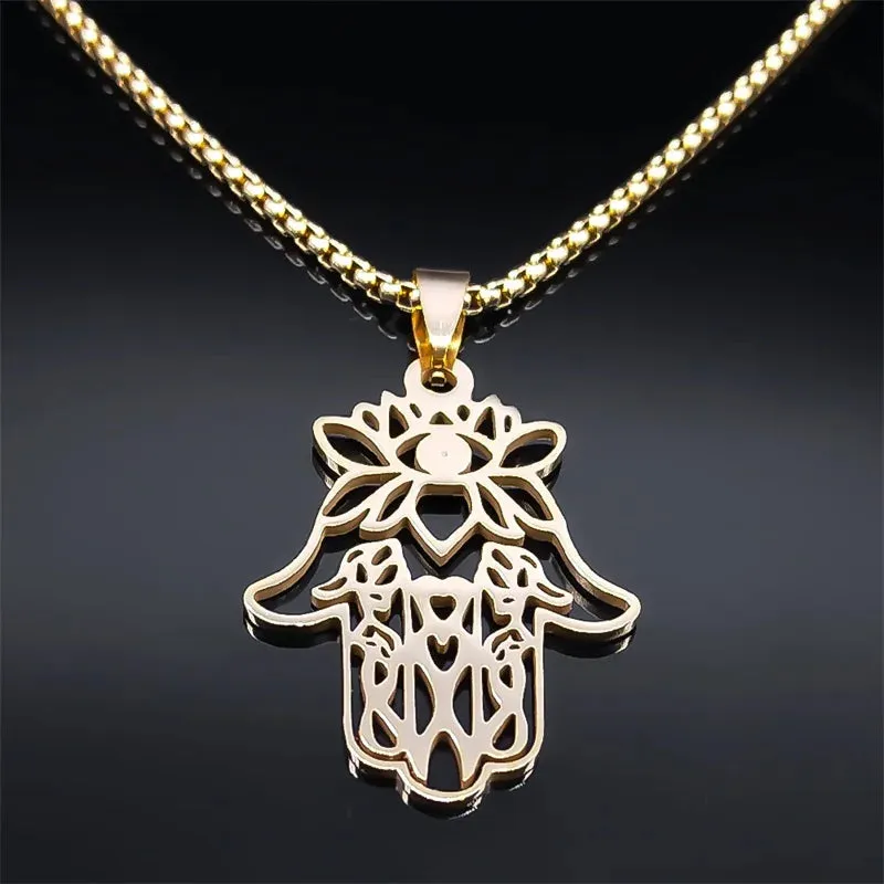 Lotuse Hand Of Fatima Pendant Necklace for Women Men