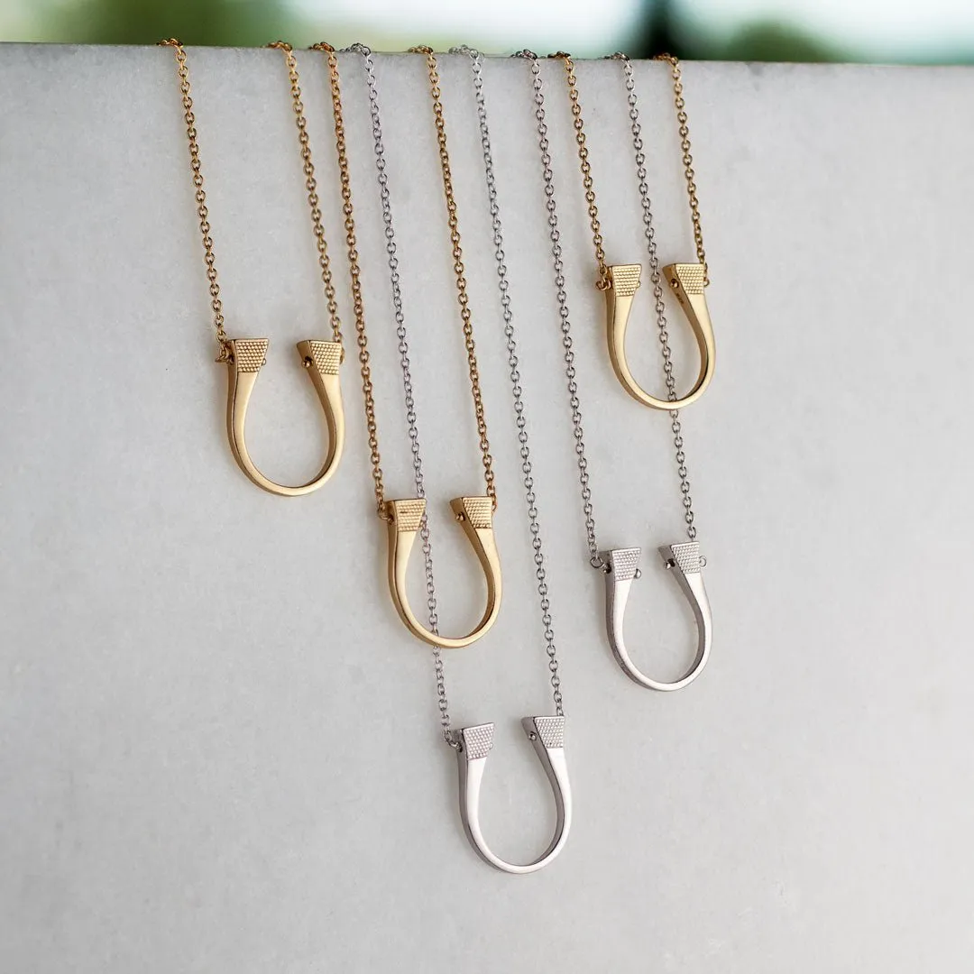 Lucky Nail - Stylized Horseshoe Nail Pendant and 14K Gold on Sterling Silver Necklace