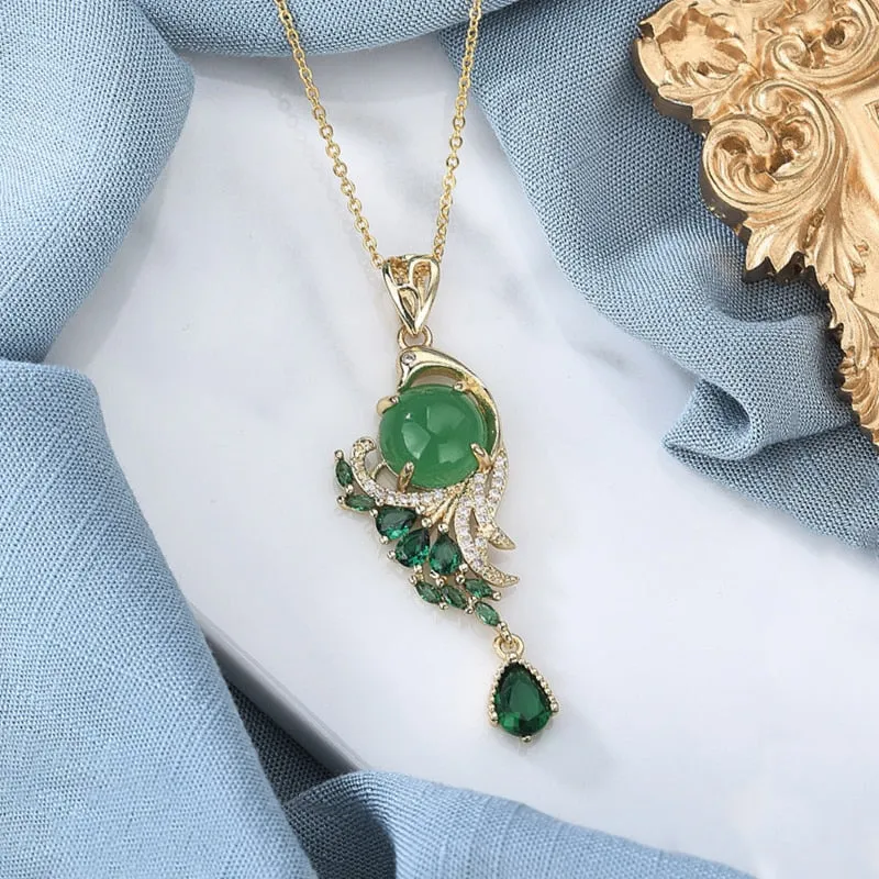 Luxury Court style Wind Green Crystal Phoenix Necklace