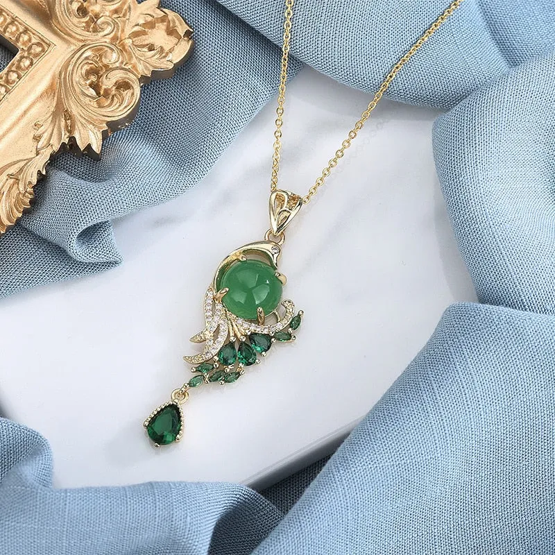 Luxury Court style Wind Green Crystal Phoenix Necklace