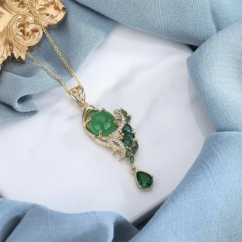 Luxury Court style Wind Green Crystal Phoenix Necklace
