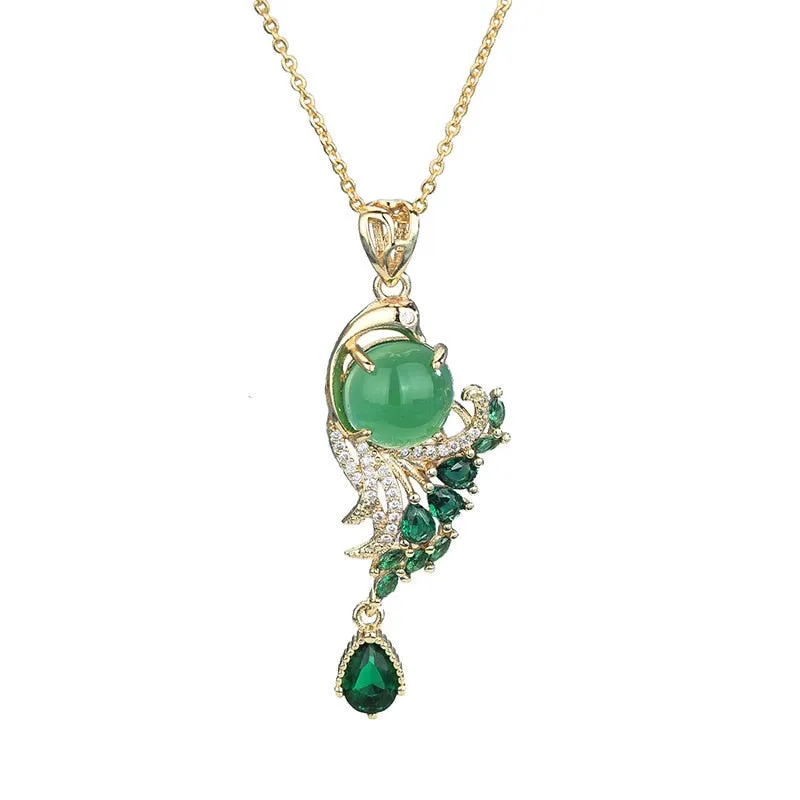 Luxury Court style Wind Green Crystal Phoenix Necklace