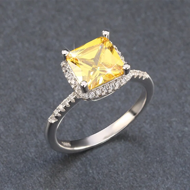 Luxury Princess Cut Yellow CZ Ring with Micro Paved Clear Zircon Platinum Plated Women Engagment Rings
