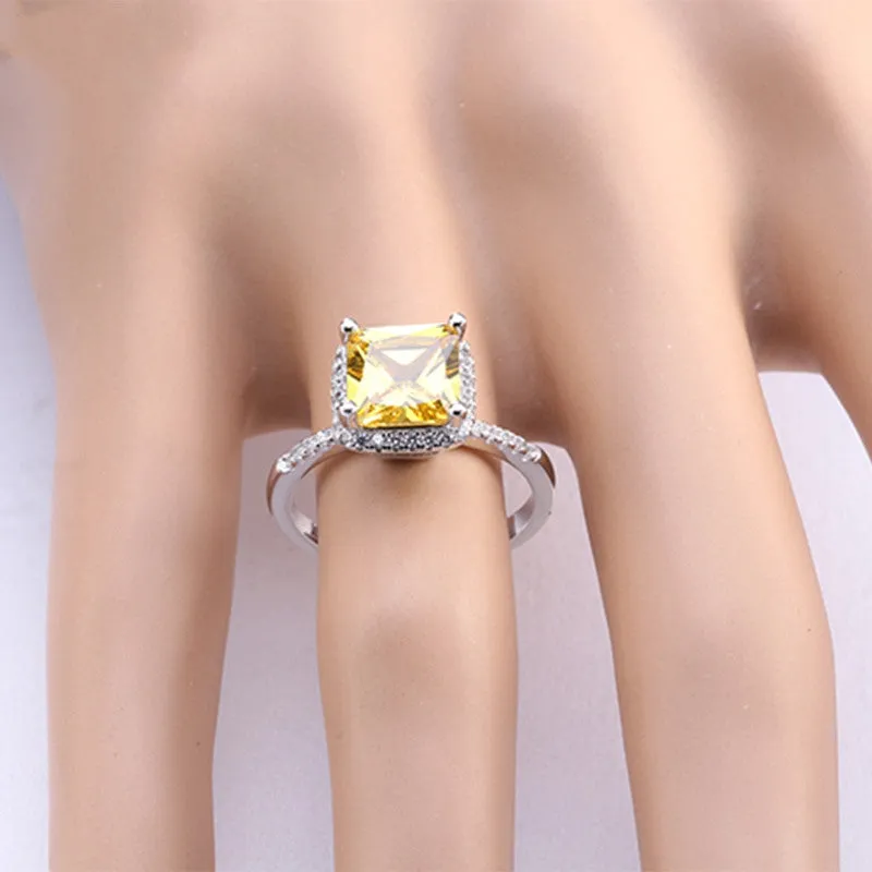 Luxury Princess Cut Yellow CZ Ring with Micro Paved Clear Zircon Platinum Plated Women Engagment Rings