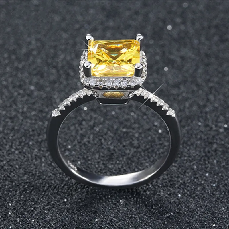 Luxury Princess Cut Yellow CZ Ring with Micro Paved Clear Zircon Platinum Plated Women Engagment Rings