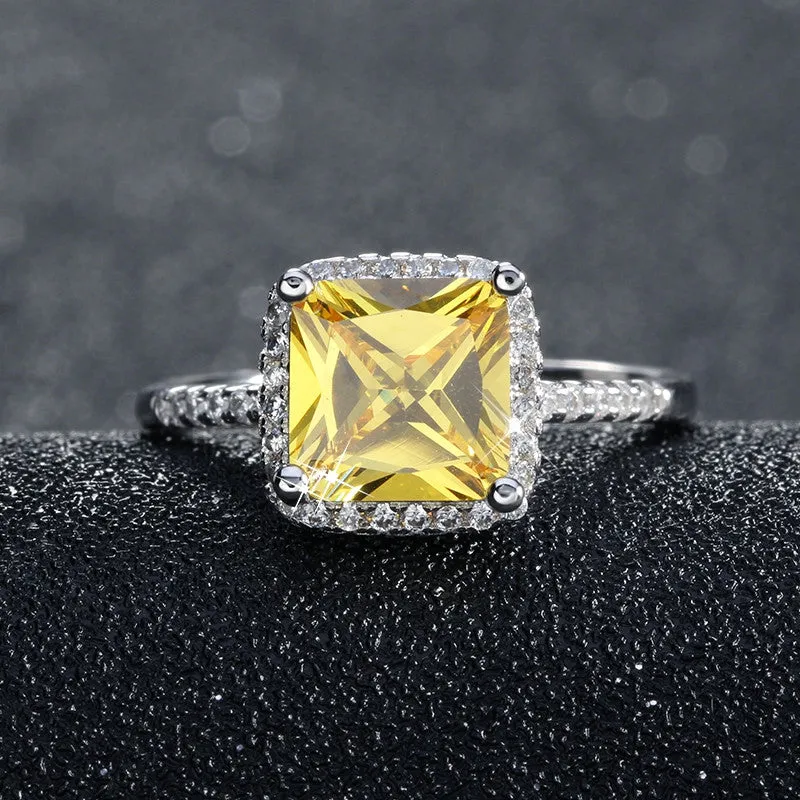 Luxury Princess Cut Yellow CZ Ring with Micro Paved Clear Zircon Platinum Plated Women Engagment Rings