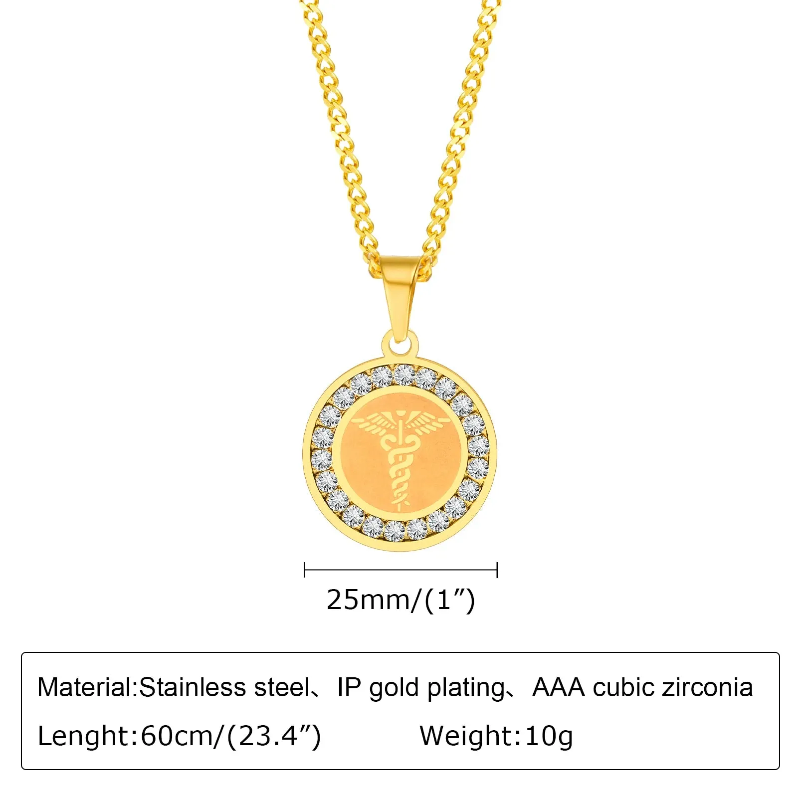 Medical logo pendant Necklace,Chic Round Coin Pendant with AAA CZ Stones