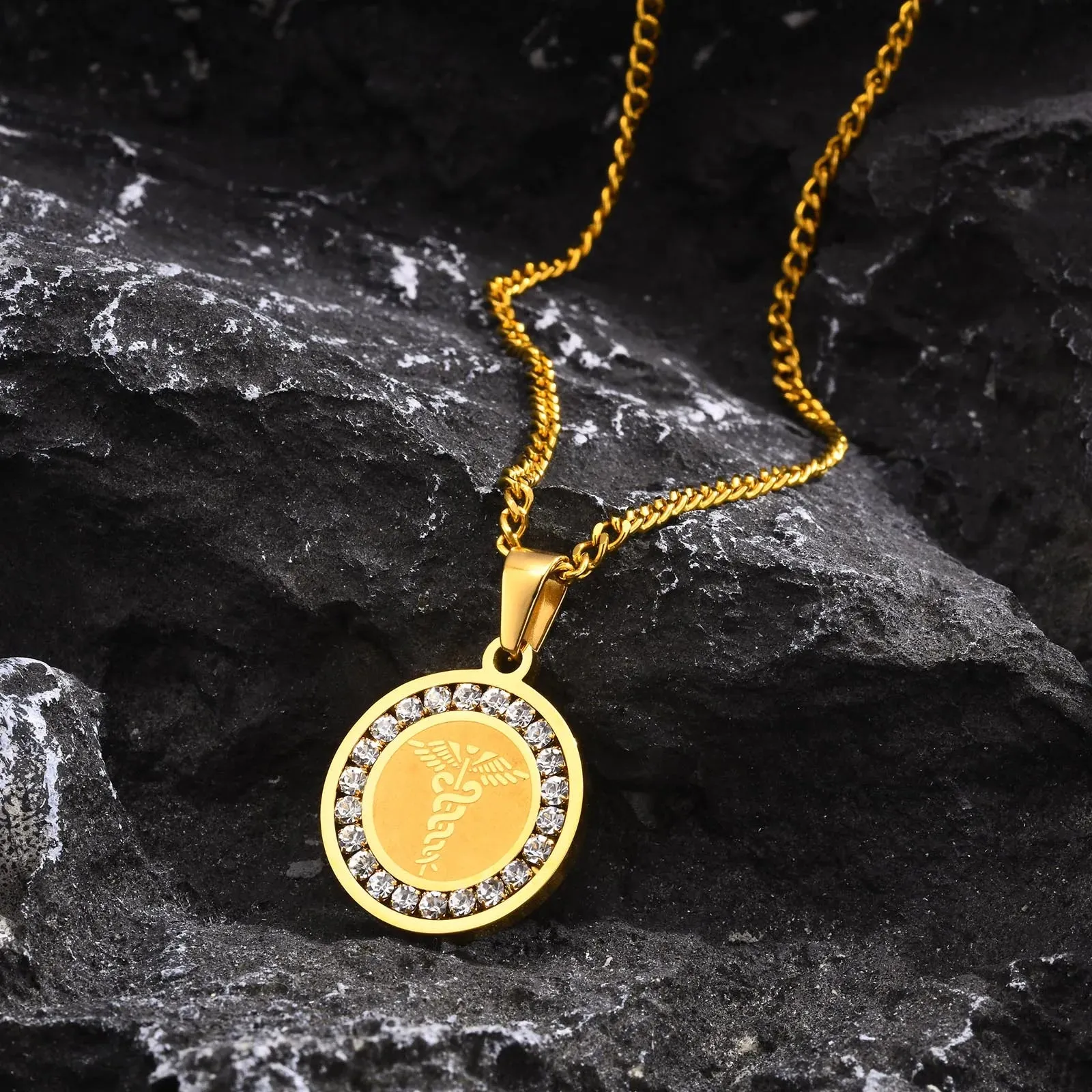 Medical logo pendant Necklace,Chic Round Coin Pendant with AAA CZ Stones