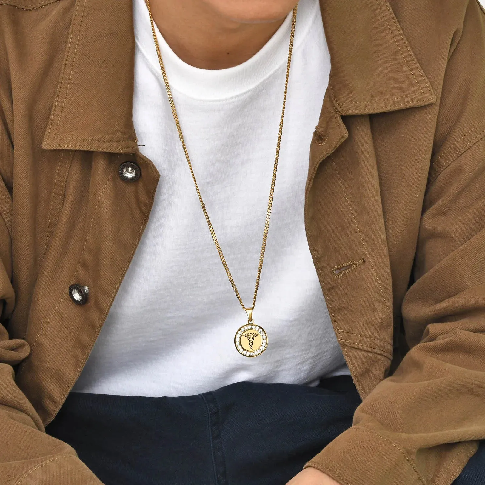 Medical logo pendant Necklace,Chic Round Coin Pendant with AAA CZ Stones