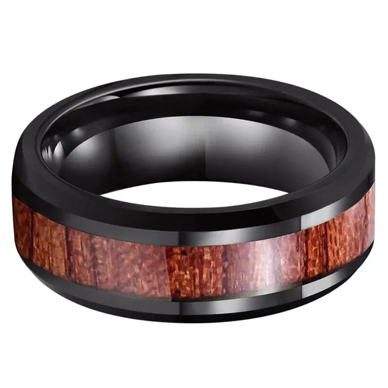Men 8mm Black Tungsten Ring Vintage Wedding Engagement Promise Band KOA Wood Inlay Comfort Fit