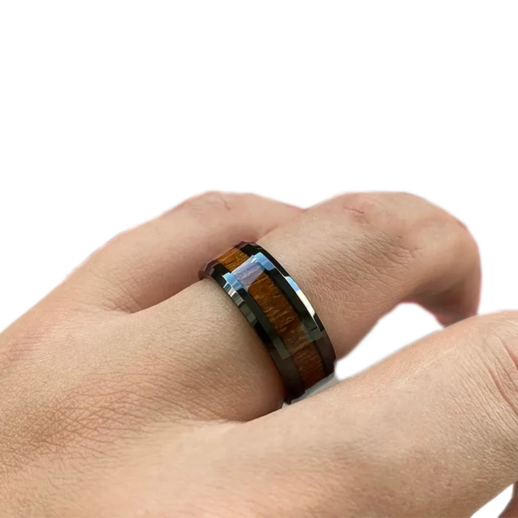 Men 8mm Black Tungsten Ring Vintage Wedding Engagement Promise Band KOA Wood Inlay Comfort Fit