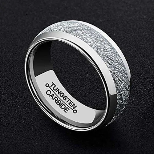 Men 8mm Silver Tungsten Carbide Ring Vintage Meteorites Pattern Wedding Engagement Band Domed Comfort Fit