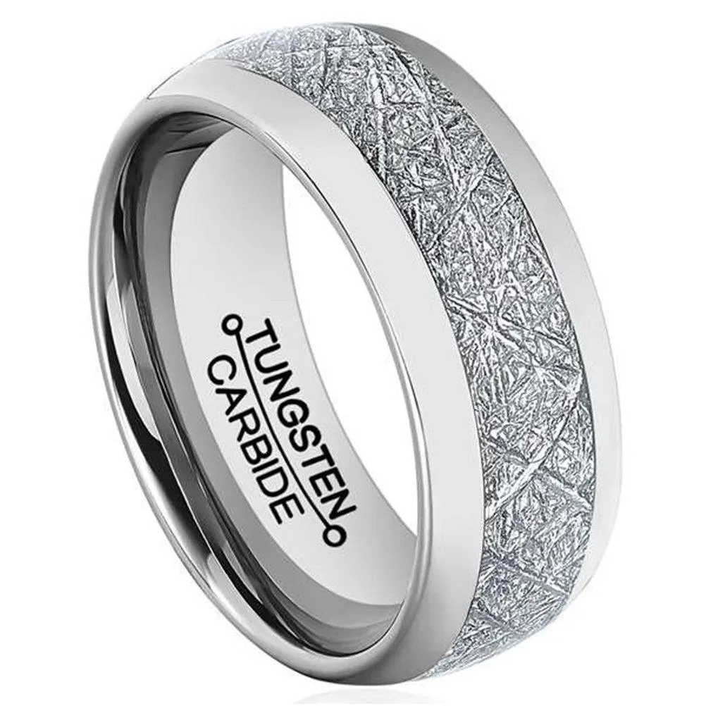 Men 8mm Silver Tungsten Carbide Ring Vintage Meteorites Pattern Wedding Engagement Band Domed Comfort Fit