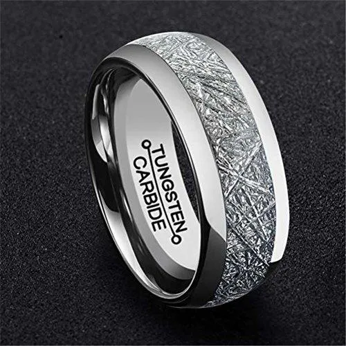 Men 8mm Silver Tungsten Carbide Ring Vintage Meteorites Pattern Wedding Engagement Band Domed Comfort Fit