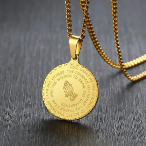 Men Stainless Steel Disc Pendant Praying Hands Bible Verse Prayer Medal Necklace