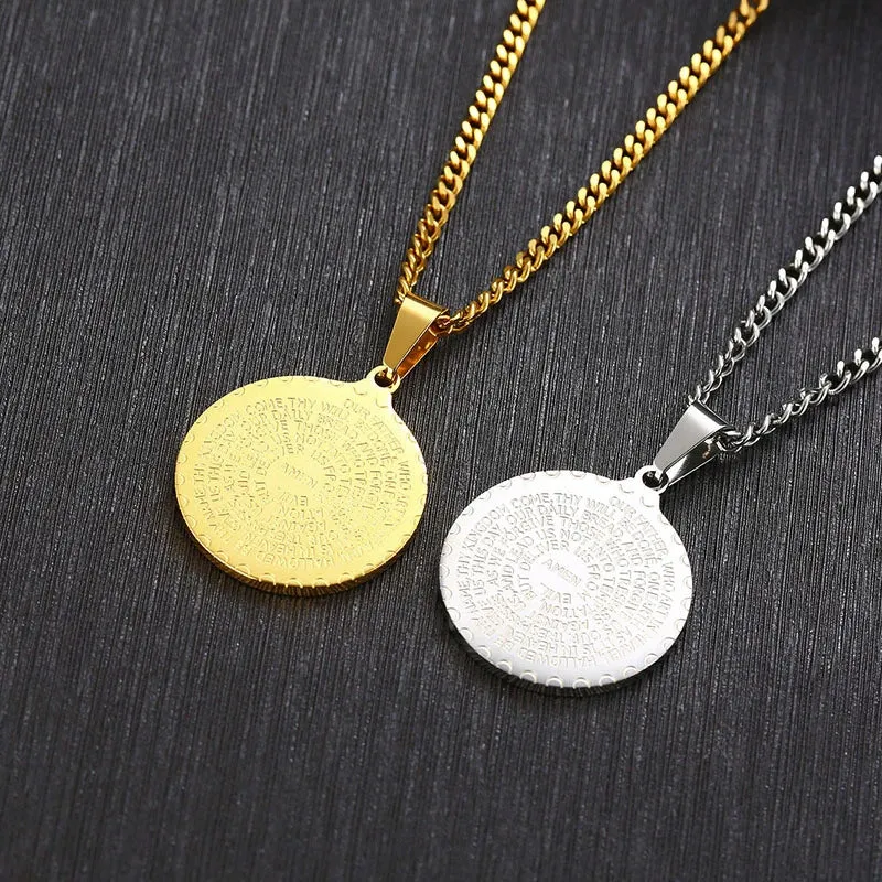 Men Stainless Steel Disc Pendant Praying Hands Bible Verse Prayer Medal Necklace