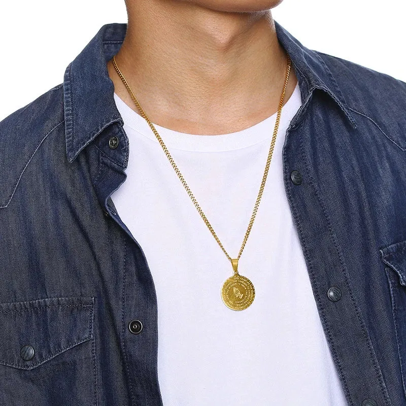 Men Stainless Steel Disc Pendant Praying Hands Bible Verse Prayer Medal Necklace