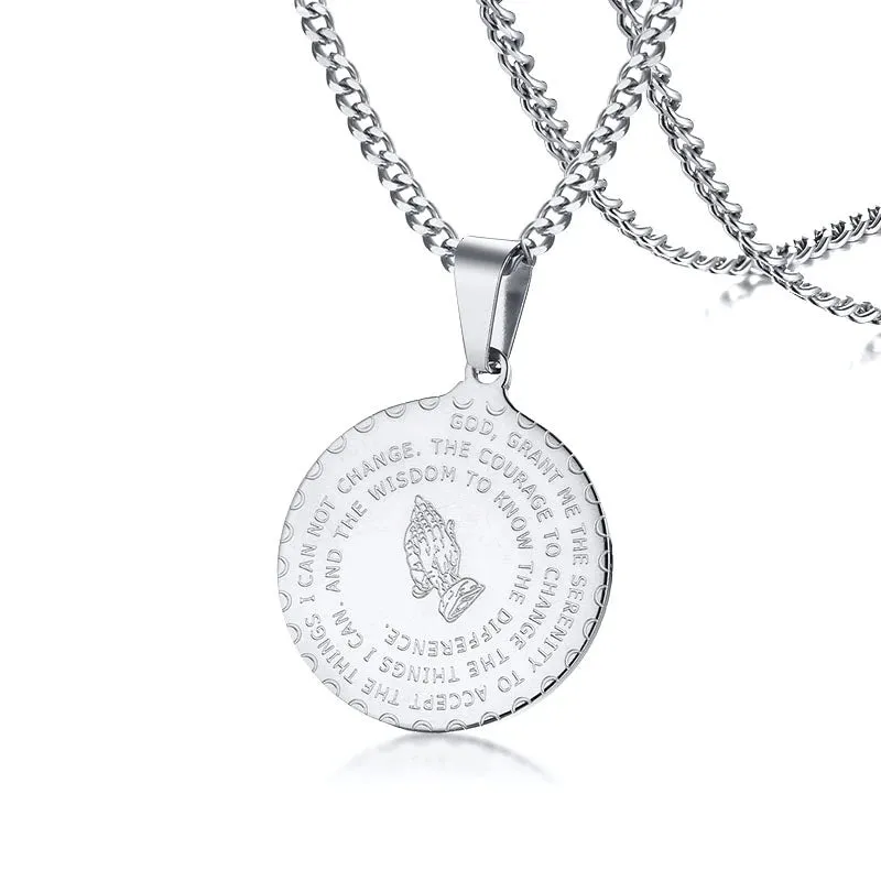 Men Stainless Steel Disc Pendant Praying Hands Bible Verse Prayer Medal Necklace