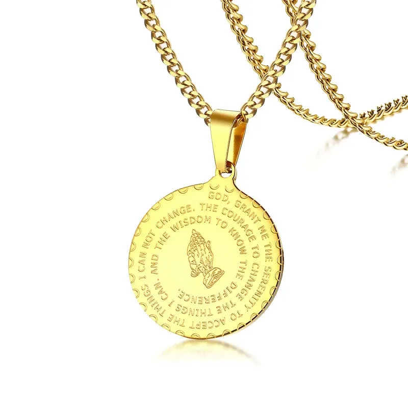 Men Stainless Steel Disc Pendant Praying Hands Bible Verse Prayer Medal Necklace