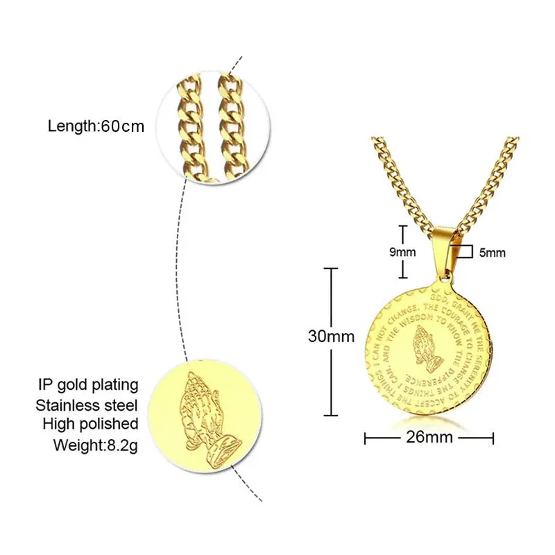 Men Stainless Steel Disc Pendant Praying Hands Bible Verse Prayer Medal Necklace