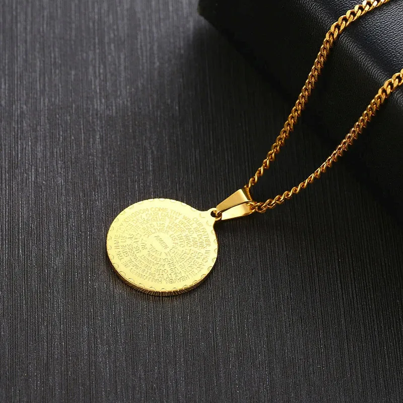 Men Stainless Steel Disc Pendant Praying Hands Bible Verse Prayer Medal Necklace