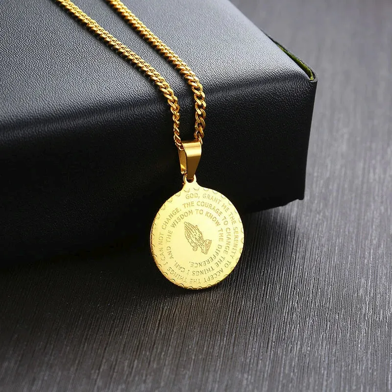 Men Stainless Steel Disc Pendant Praying Hands Bible Verse Prayer Medal Necklace