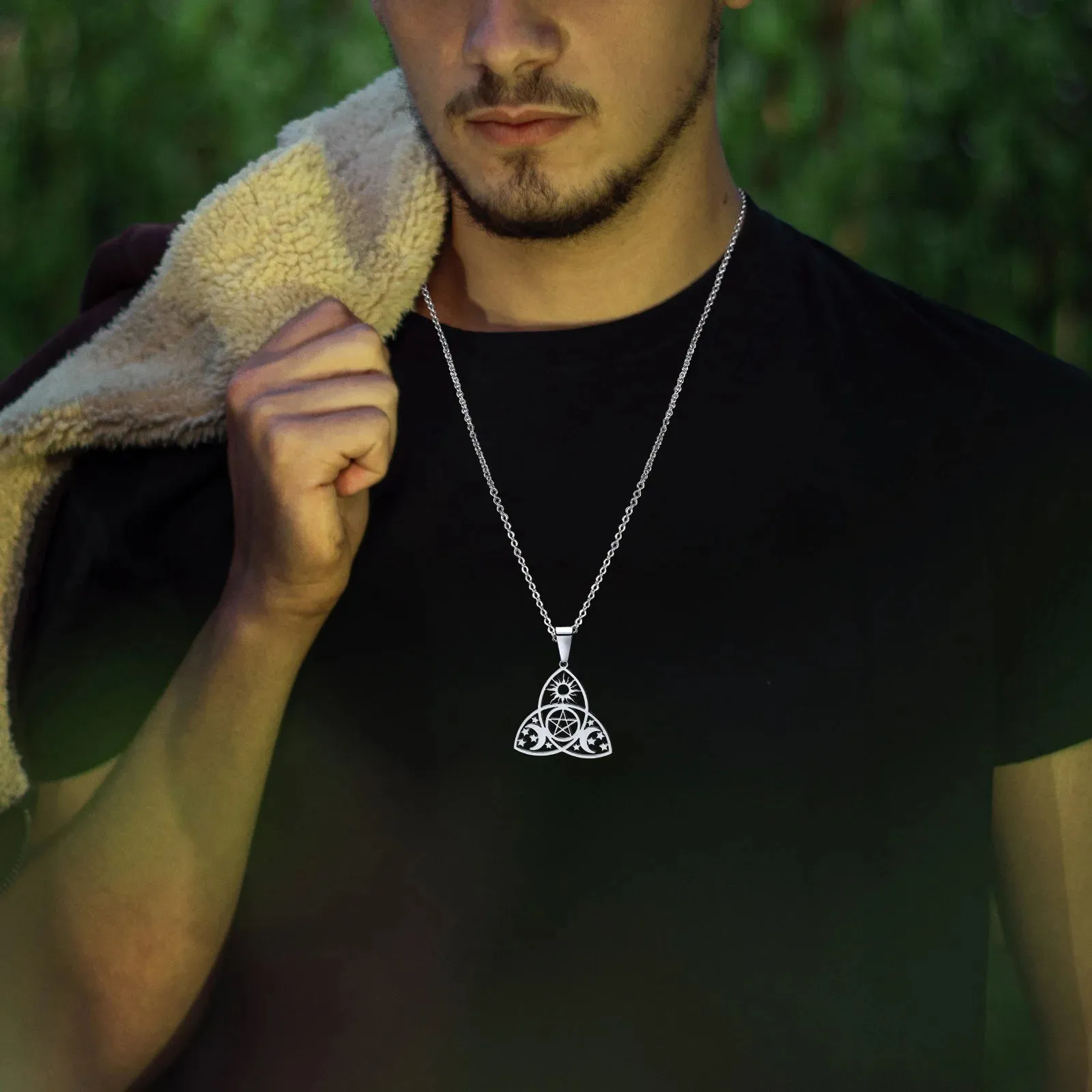 Men Waterproof Stainless Steel Triple Moon Goddess Necklaces